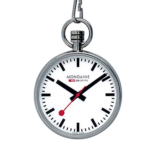 Mondaine - Taschenuhr A660.30316.11SBB 43mm - Bahnhofsuhr Taschenuhr mit Kette rotem Sekundenzeiger - Hergestellt in der Schweiz aus poliertem Edelstahl staubbeständig