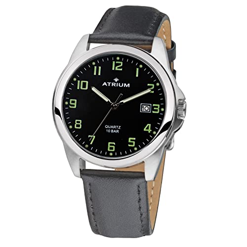 Atrium Herren-Armbanduhr sehr deutlich silberfarben Leuchtzeiger Leuchtziffern Datum Quarz 10 Bar Lederband A16-11