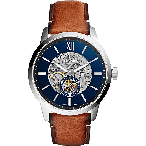 Fossil Townsman uhr für Herren, Automatikuhrwerk mit Edelstahl- oder Lederarmband, Silberton und Braun, 48MM