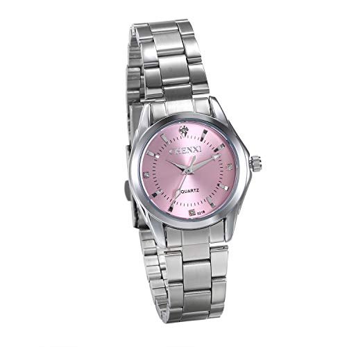 JewelryWe Damenuhren Elegant Silber Ton Edelstahl Armband Analog Quarz Business Casual Uhr Armbanduhr mit Pink Strass Zifferblatt