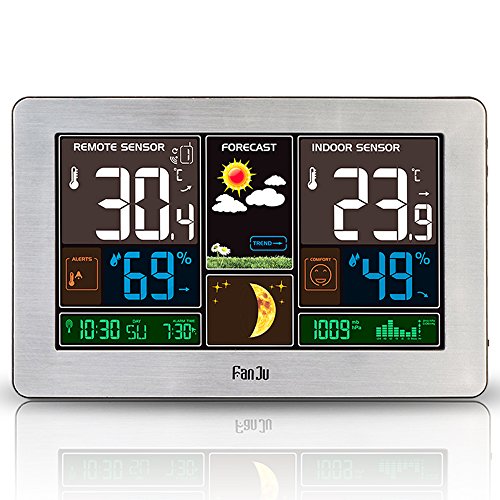 FanJu FJ3378 Funkwetterstation mit Weckfunktion und Temperatur/Feuchte/Barometer/Wecker/Mondphase/Uhr (Silber) FanJu FJ3378 Funkwetterstation mit Weckfunktion und Temperatur/Feuchte/Barometer/Wecker/Mondphase/Uhr (Silber)