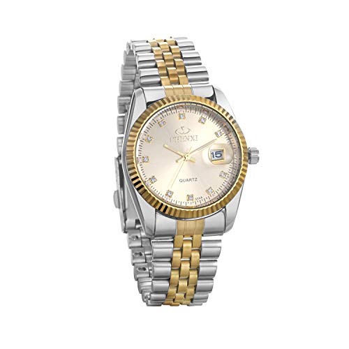 JewelryWe Paar Uhr Analog Quarz Kalender 30M Wasserdicht Partner Armbanduhr Edelstahl Armband Herren Uhren mit Gold Strass Zifferblatt