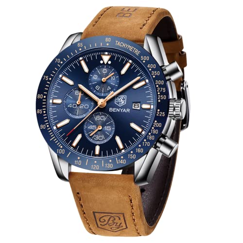 BENYAR Uhren Herren Chronograph Analog Quarz Braun Lederarmband Armbanduhr Herren Wasserdicht Leuchtende Datum Herrenuhr Mode Lässig Sport Business-Kleid Uhren fur Männer Elegantes Geschenk