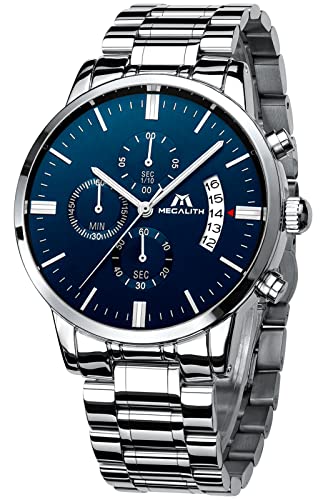 MEGALITH Herrenuhr Edelstahl Silber Chronographen Herren Armbanduhr Wasserdicht Analog Uhren fur Männer Großes Ziffernblatt Leuchtende Datum - Silber Blau MEGALITH Herrenuhr Edelstahl Silber Chronographen Herren Armbanduhr Wasserdicht Analog Uhren fur Männer Großes Ziffernblatt Leuchtende Datum - Silber Blau