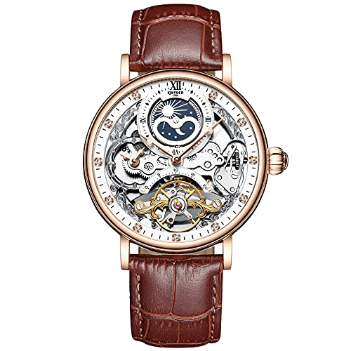 rorios Herren Uhren Mondphase Automatikuhr Mechanische mit Lederarmband Wasserdicht Skeleton Tourbillon Uhren Mode Diamant Uhren für Männer