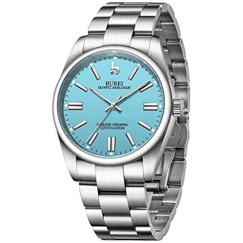 BUREI Armbanduhr Herren Luxus Silber Uhren Herren Analog Quarz mit Edelstahlarmband Mode Designer Business Uhr für Herren 42MM Blau Dial