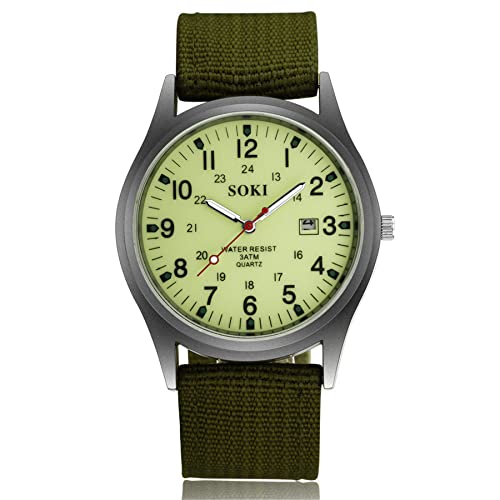 JewelryWe Uhren Herren Nylon Militär: 12/24H Datum Kalender Analog Quarz Armbanduhr Männer Feld Taktische Uhr Militäruhr mit Armeegrün Nylon Textil Armband und Leuchtzeiger