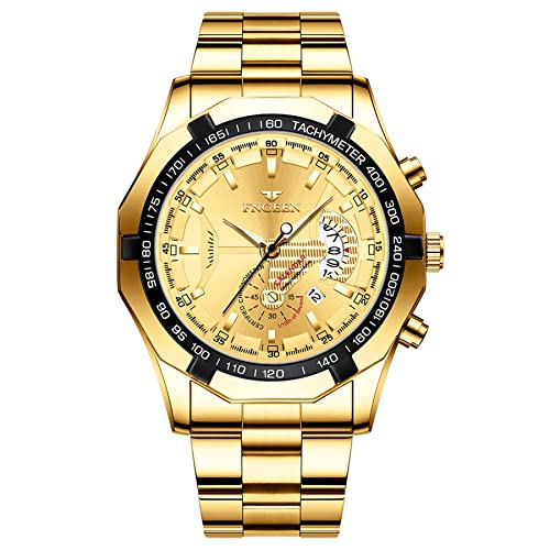 JewelryWe Herrenuhr Edelstahl Quarz Analog Armbanduhr 30M Wasserdicht Business Causual Uhr mit Datum Kalender und Leuchtend Zeiger Vatertagsgeschenk, Gold