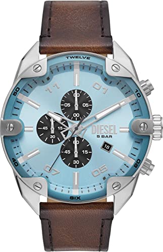 Diesel Herrenuhr Spiked, Chronographenwerk, 49mm Silbernes Edelstahlgehäuse mit Lederarmband, DZ4606 Diesel Herrenuhr Spiked, Chronographenwerk, 49mm Silbernes Edelstahlgehäuse mit Lederarmband, DZ4606