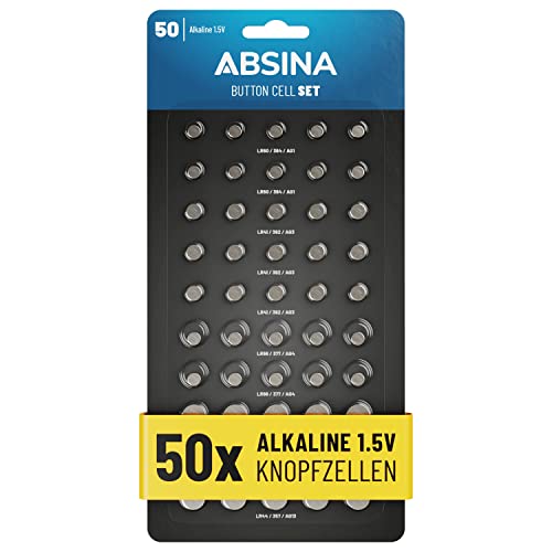 ABSINA 50er Pack Alkaline Knopfzellen Sortiment - 10x AG1 / 15x AG3 / 10x AG4 / 10x AG10 / 5X AG13-1,5V Batterie Sortiment auslaufsicher - Knopfzellen Set gemischt, Batterien Set gemischt