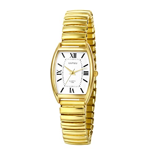 JewelryWe Uhren Damen Analog Quarz Armbanduhr Klassisch Einfach Rechteckig Elastisch Legierung Armband Beiläufige Uhr Damenuhr mit Römischen Ziffern Zifferblatt Gold