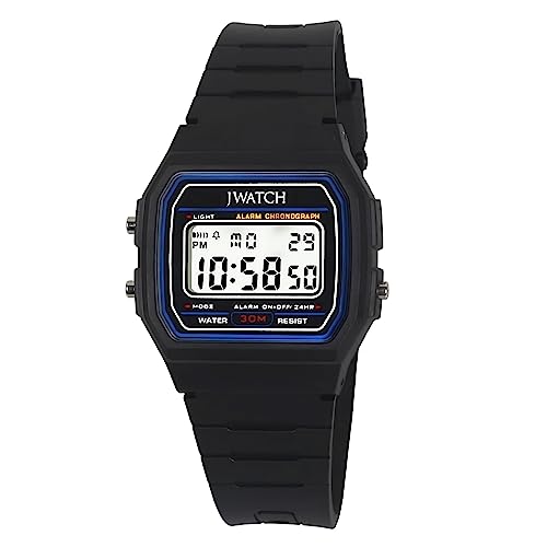 JWATCH Casual Sport Watch Collection Unisex Digital Armbanduhr 30M wasserdichte Sportuhr Stoppuhr Kalender leuchtende Digitaluhr mit Wecker in schwarz