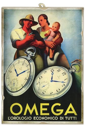 KUSTOM ART Bild im Vintage-Stil Serie Werbung Retro Vintage Uhr Omega Druck auf Holz 25 x 18 cm.