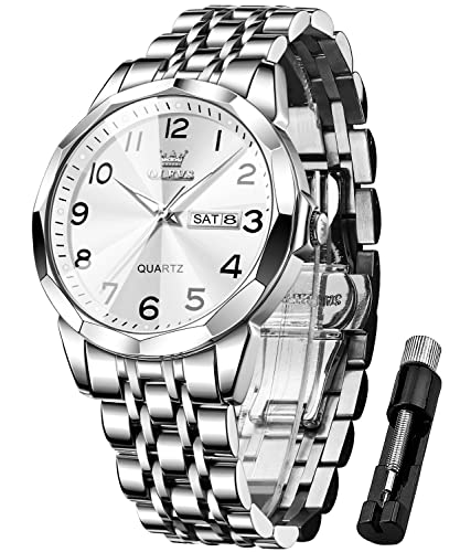 OLEVS Herrenuhren Silber Business-Kleid Luxus-Armbanduhr Luminous Leicht zu lesen wasserdichte Edelstahluhr für Männer