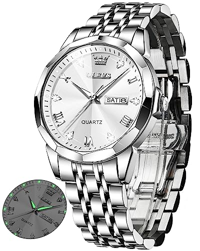 OLEVS Uhr Herren Luxus Diamant Edelstahl Wasserdicht Analog Datumsanzeige Business Original Silber Armbanduhr Herren