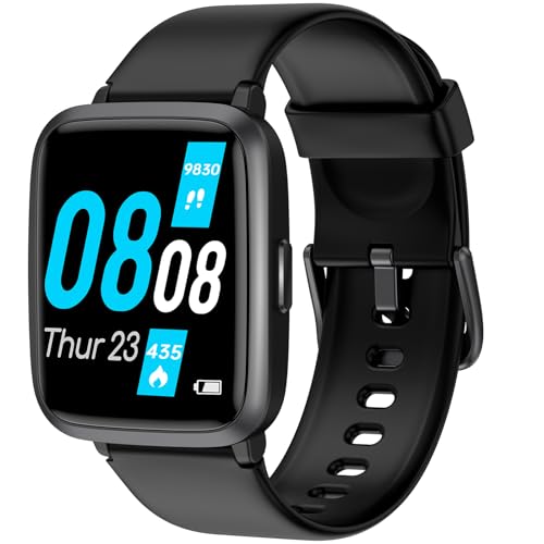 LETSACTIV Smartwatch Kompatibel mit iPhone und Android-Handys, Fitnessuhr mit Herzfrequenz- und Schlafmonitor, IP68 wasserdichter Fitness-Tracker für Frauen, Männer, tiefschwarz