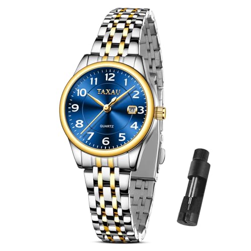 Taxau Uhren Frauen Elegantes Kleid Blaues Zifferblatt Analog Quarz Damen Wirstwatch Edelstahl für Frauen Wasserdicht Leuchtdatum Klassisches Kleid Reloj para Mujer