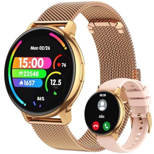 Smartwatch Damen mit Stahlband Telefonfunktion - 1,19\" AMOLED Touchscreen Fitnessuhr, IP68/100+ Sportarten/Herzfrequenz/SpO2/Schlafmonitor/Schrittzähler/DIY-Zifferblatt Smart Watch für iOS Android