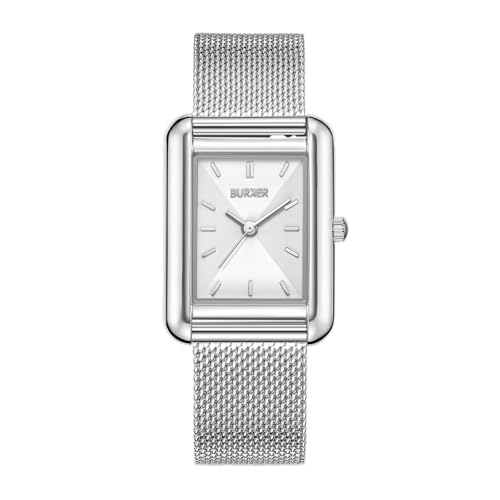 BURKER Damenuhr Olivia Damen Armbanduhr Quadratisch Analog Quarz Wasserdicht 3 ATM Geschenk für Frauen Geburtstag Valentinstag - Silber Mesh - 29 mm