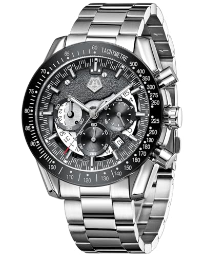 MEGALITH Uhren Herren Chronograph Armbanduhr: Kleid Herren Uhr Analog Groß Ziffernblatt - Edelstahl Männer Uhr Wasserdicht Quarz mit Kalender Business Silber